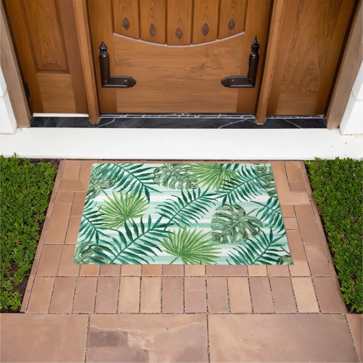 Paillasson Retro Chic Palm Vert Feuille Aquarelle Art (De plein air)