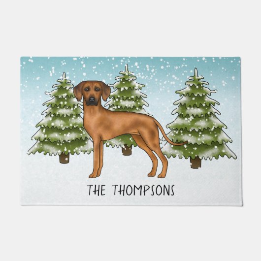 Paillasson Rhodesian Ridgeback Avec Nom Snowy Winter Forest (Devant)