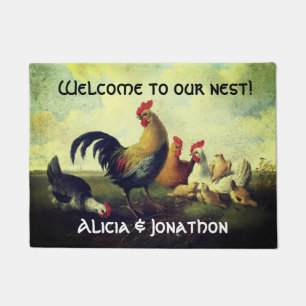 Paillasson Rooster coloré et poules "Bienvenue à notre nid"