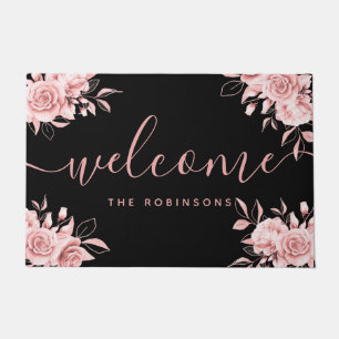 Paillasson Rose Gold Black Floral Bienvenue Nom de famille Do