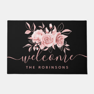 Paillasson Rose Gold Black Floral Welcome Nom de famille 
