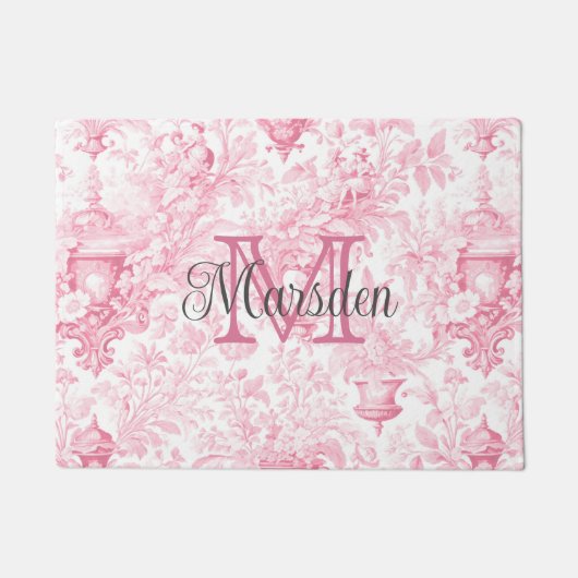 Paillasson Rose Toile de Jouy Monogramme Initial Nom (Devant)