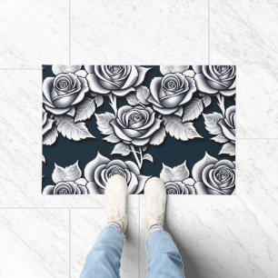 Paillasson Roses Argent Métallisé Avec Feuilles Sarcelle