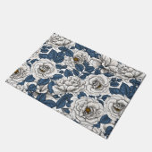 Paillasson Roses blanches avec feuilles bleus sur blanc (Incliné)