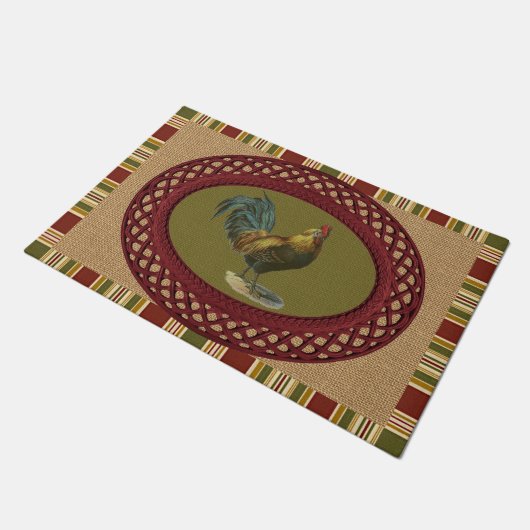 Paillasson Roster Rouge Bleu Jaune Sur Faux Jute Burlap (Incliné)