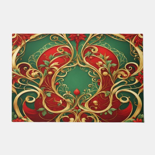 Paillasson Rouge Vert Floral Noël Porte de Noël (Devant)