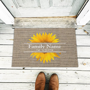Paillasson Rustic Burlap Nom de famille du tournesol établi