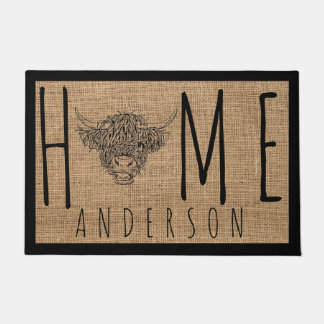 Paillasson Rustic Country Cool Vache Faux Burlap Nom de famil