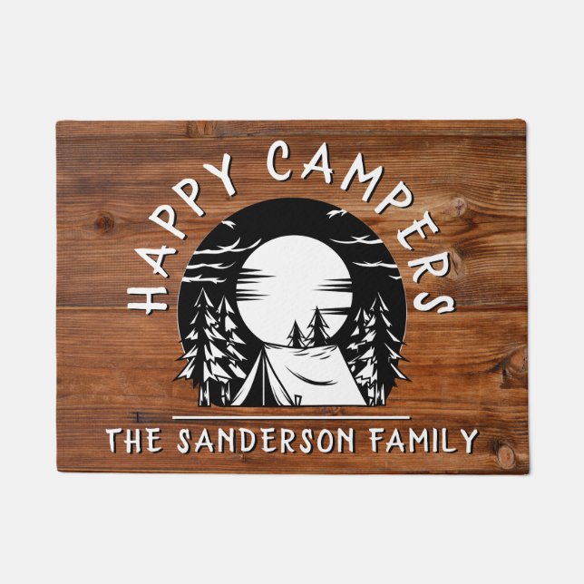 Paillasson Rustic Happy Campers Nom de famille Tent Pine Tree (Devant)