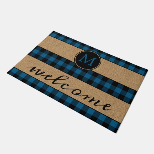 Paillasson Rustique Bleu Noir Buffalo Check Plaid Motif (Incliné)