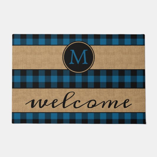 Paillasson Rustique Bleu Noir Buffalo Check Plaid Motif (Devant)