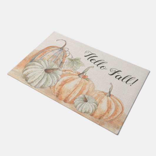 Paillasson Rustique Hello Fall Citrouille aquarelle (Incliné)