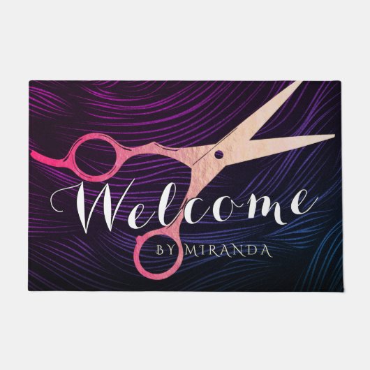 Paillasson Salon des cheveux Coiffeur Rose Ciseaux d'or Bienv (Devant)