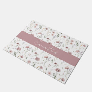 Paillasson Sauge verte aquarelle Fleur sauvage rose poussiére