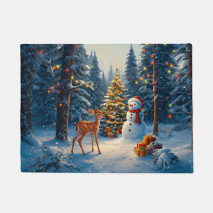 Paillasson Scene d'arbre de Noël Cute Deer Fawn Snowman