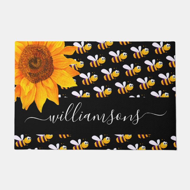 Paillasson Script monogramme de tournesol de bourdon noir (Devant)