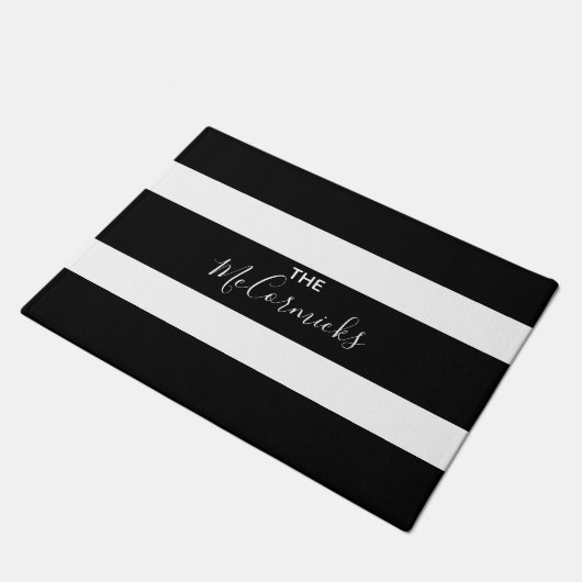 Paillasson Script personnalisé à rayures noir et blanc (Incliné)