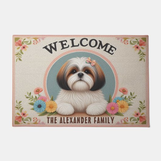 Paillasson Shih Tzu Chien Floral Nom de famille décoratif Bie (Devant)