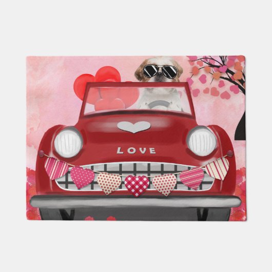 Paillasson Shih Tzu Chien Voiture avec Coeurs Valentine's (Devant)
