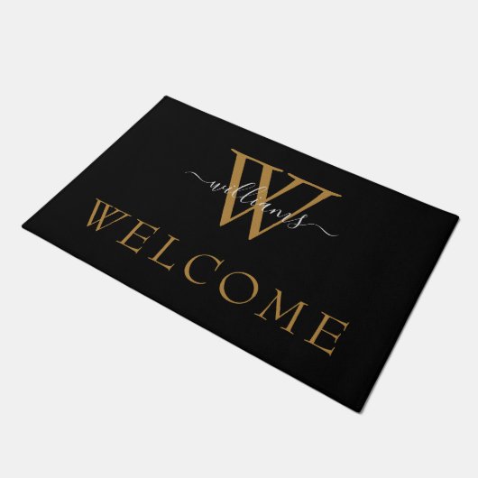 Paillasson Simple Black Gold White Script Monogramme Bienvenu (Incliné)