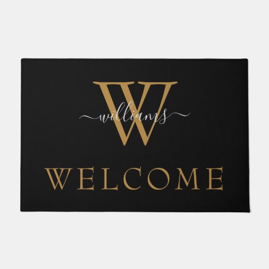 Paillasson Simple Black Gold White Script Monogramme Bienvenu (Devant)