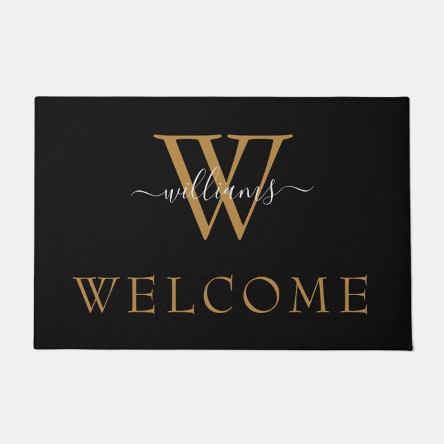 Paillasson Simple Black Gold White Script Monogramme Bienvenu (Devant)