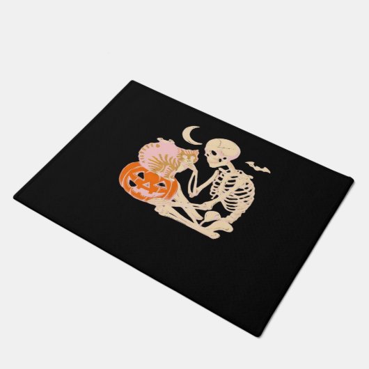 Paillasson Skeleton Hugging Cat Halloween Amoureux des chats  (Incliné)