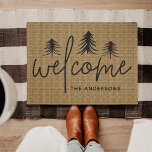 Paillasson Sketched Pines Personalized Welcome Doormat<br><div class="desc">Perfect for the holidays,  winter time,  or your woodland home or cabin,  this cute forest themed doormat features "welcome" in handwritten calligraphy script,  with a trio of hand sketched pine tree illustrations on a classic tan background. Personalize with your family name.</div>