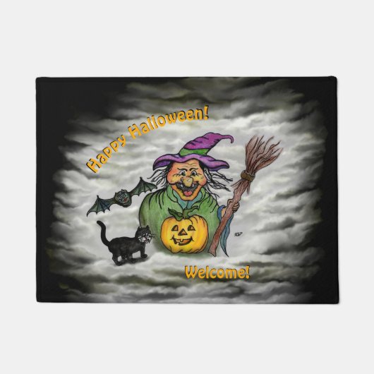 Paillasson Sorcière, Chat, Chauve-souris et Citrouille, Bonne (Devant)