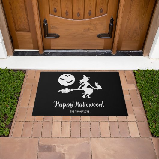 Paillasson Sorcière Sur Un Broom Noir Et Blanc Joyeux Hallowe (De plein air)