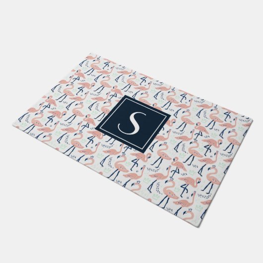 Paillasson Souris à motif flamingo rose tropicale monogramme (Incliné)
