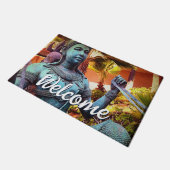 Paillasson Statue du Guerrier Turquoise Asiatique Bienvenue (Incliné)