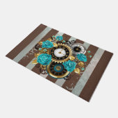 Paillasson Steampunk Clock and Turquoise Roses on Striped (Incliné)