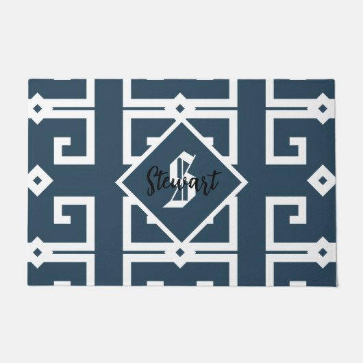 Paillasson Style moderne clé grecque bleu et blanc monogramme (Devant)