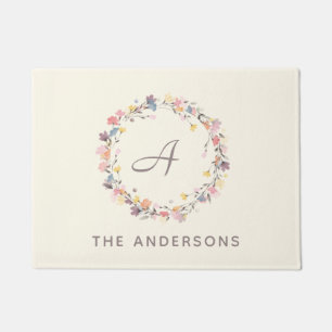 Paillasson Stylé Pastel Floral Wreath Monogramme Personnalisé