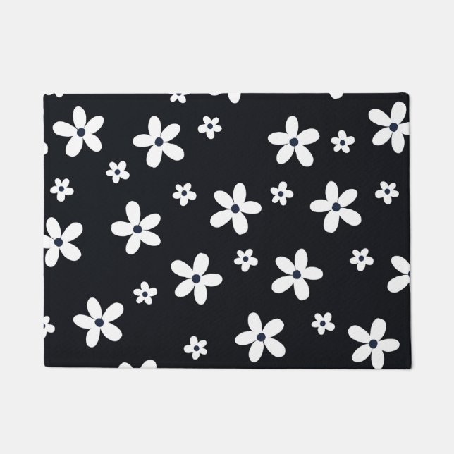 Paillasson Summer Boho Black White Daisy Flowers (Devant)