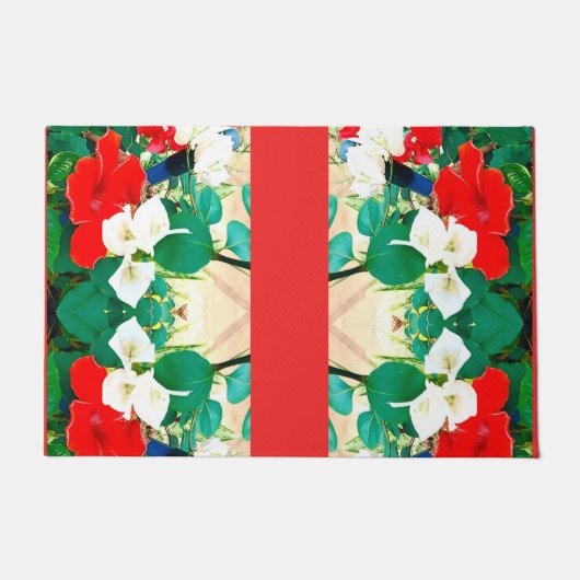 Paillasson Sunshine Rouge Hibiscus Vert Feuilles Automne Coul (Devant)