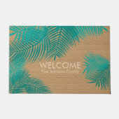 Paillasson Tan Burlap avec Feuilles Turquoises Palm (Devant)