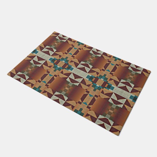 Paillasson Taupe Brown Orange Turquoise Bleu Vert Tribal Art (Incliné)