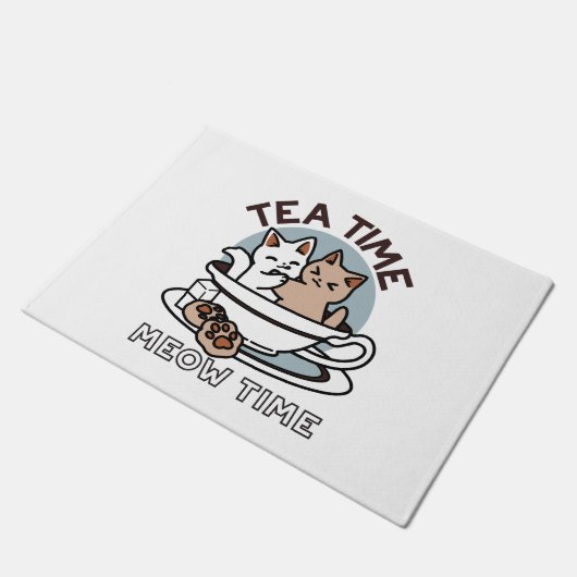 Paillasson Tea Time Meow Time - Cute Cat and Tea Design (Incliné)