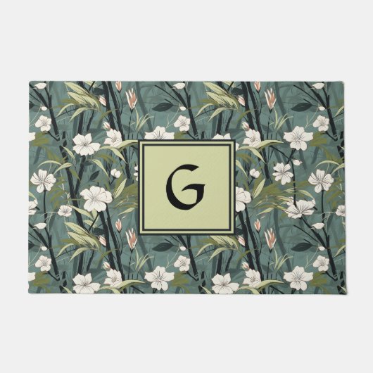 Paillasson Teal Green Chinoiserie Floral White Initial  (Devant)
