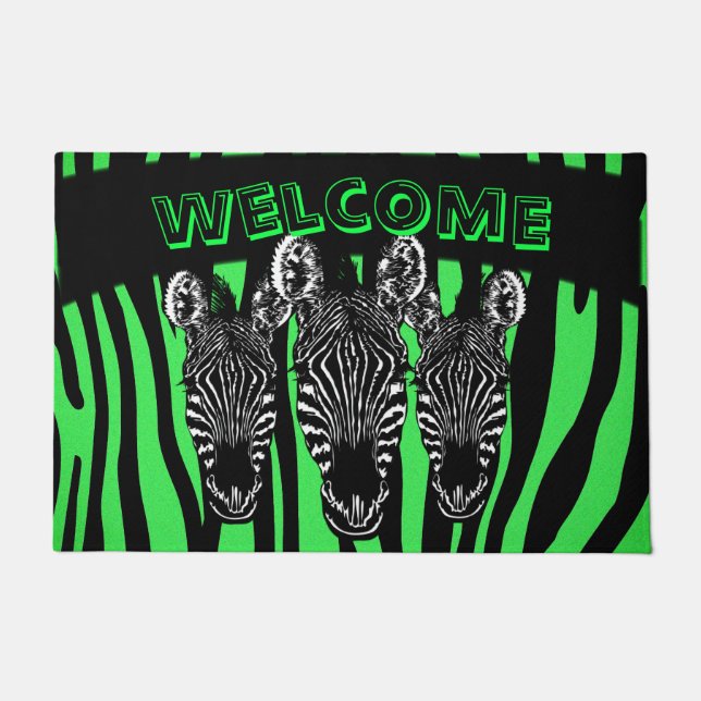 Paillasson Tendance Lime Zebra Herd sur Zebra Imprimer (Devant)