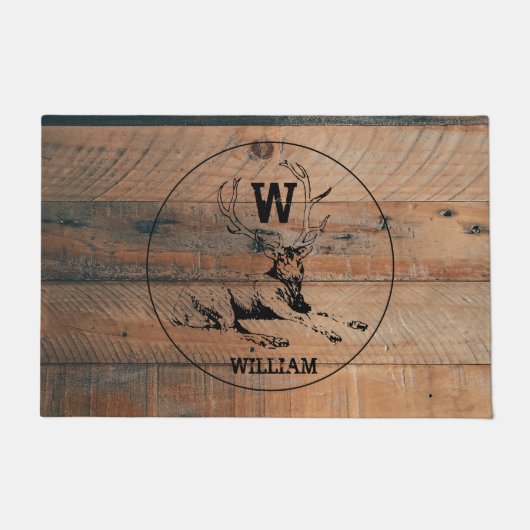 Paillasson Texture en bois rustique et monogramme de cerfs su (Devant)