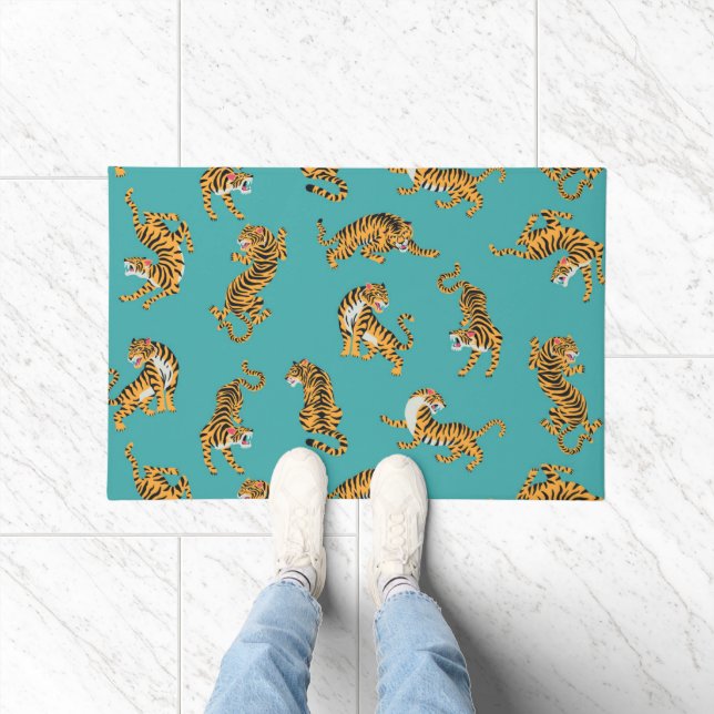 Paillasson Tiger sur Motif Turquoise (Intérieur)