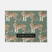 Paillasson Tigres d'aquarelle verte tropicale Motif avec nom (Devant)