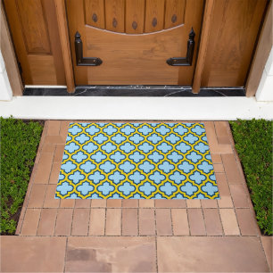 Paillasson Trellis bleu et jaune, treillis, Quatrefoil