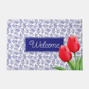 Paillasson Tulipes rouges élégantes Floral de printemps Bleu