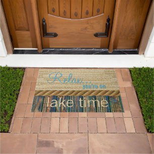 Paillasson Turquoise Brown Bois Look Faux Burlap Motif