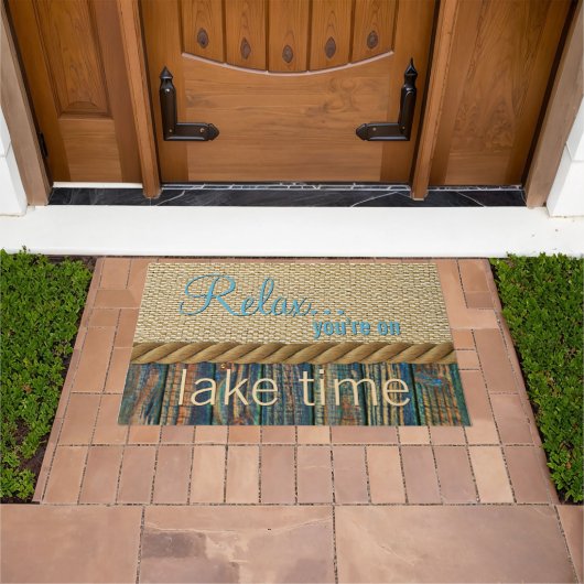 Paillasson Turquoise Brown Bois Look Faux Burlap Motif (De plein air)