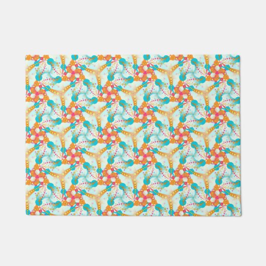 Paillasson Turquoise + Mat Motif géométrique orange (Devant)